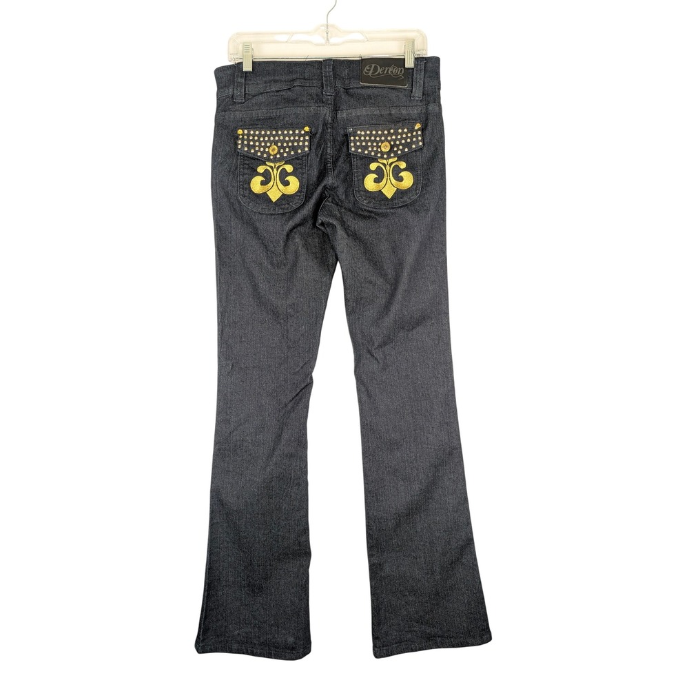 Dereon Jeans Women 7/8 Dark Blue Gold Embroidered Studded Bootcut Y2K Denim